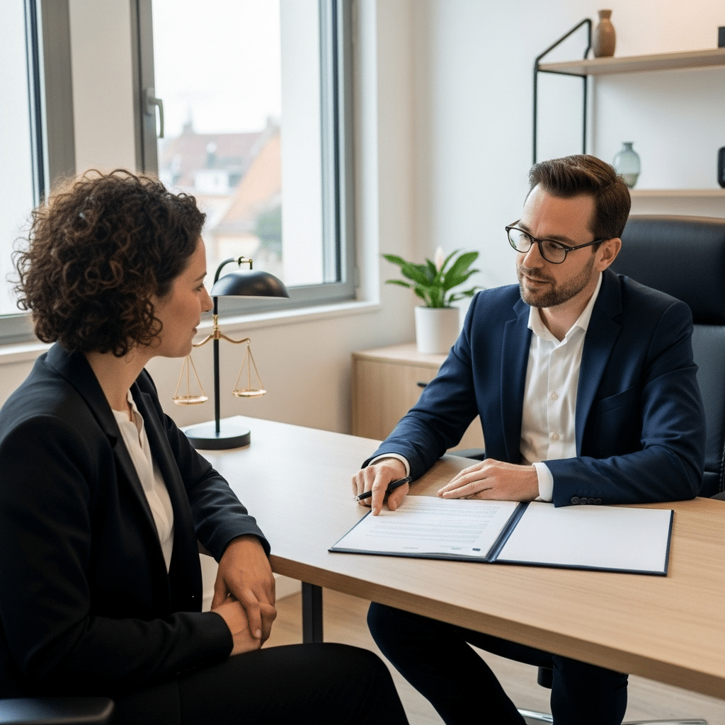 French lawyer and client consulting foreclosure documents in chambers, discussing defence strategies.