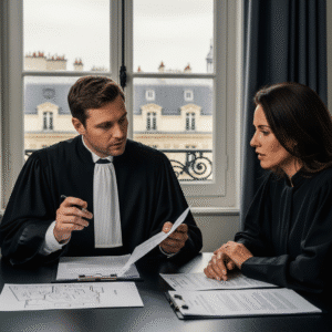 Un avocat français explique des documents de saisie immobilière à un client inquiet dans un bureau moderne. Contexte juridique clair et professionnel.