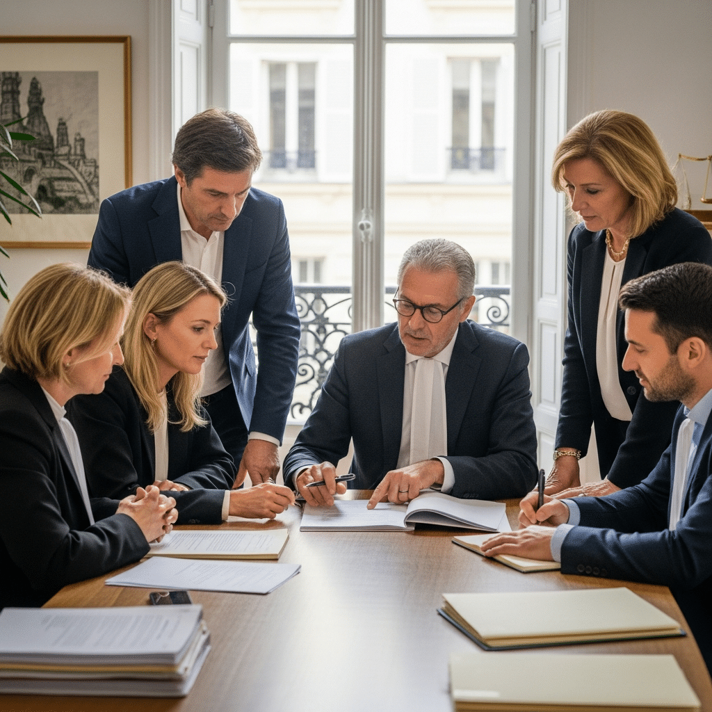 Groupe de professionnels discutant de documents légaux complexes. Saisie de navires et aéronefs en droit français.