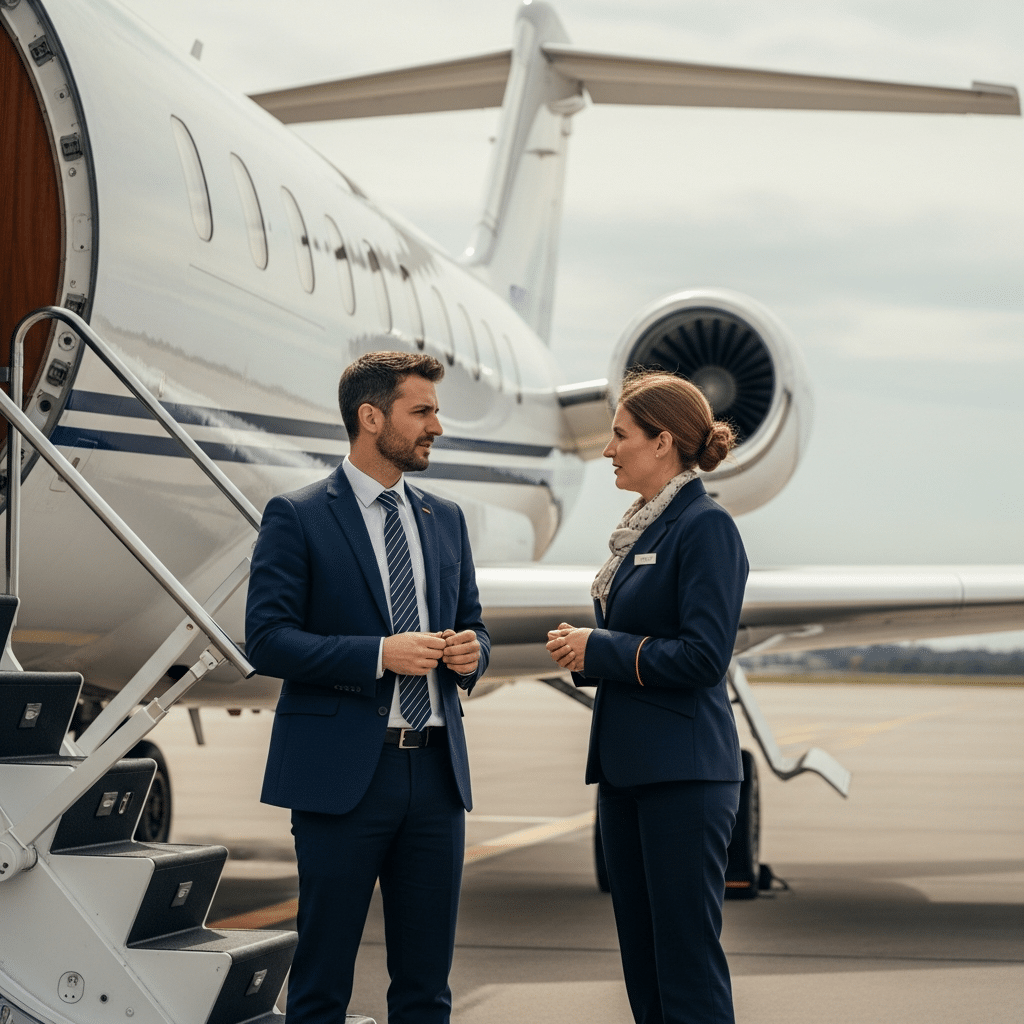 Commissaire de justice et avocat discutant près d'un avion immobilisé sur le tarmac d'un aéroport français lors d'une saisie d'aéronef.