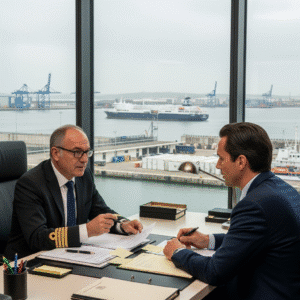 Avocat et armateur français discutent des conséquences d'une saisie de navire au port. Une scène montrant les enjeux d'une saisie abusive.