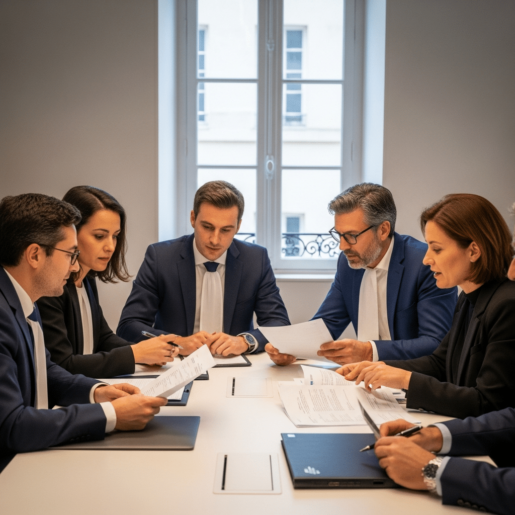 Des avocats français professionnels examinent des documents financiers pour la distribution du prix après une saisie immobilière.
