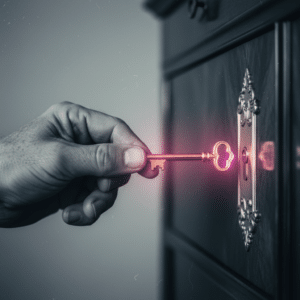 Hand turning a floating key to access a piece of furniture: symbolises the seizure of furniture and access to seized goods.