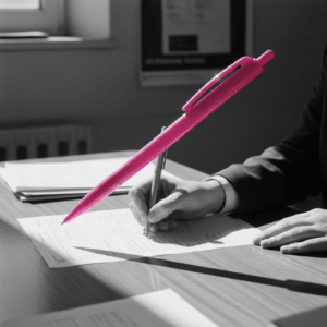 Main signant un document administratif avec un stylo géant rose fluo surréaliste flottant au-dessus d'un bureau, illustrant le bon de caisse