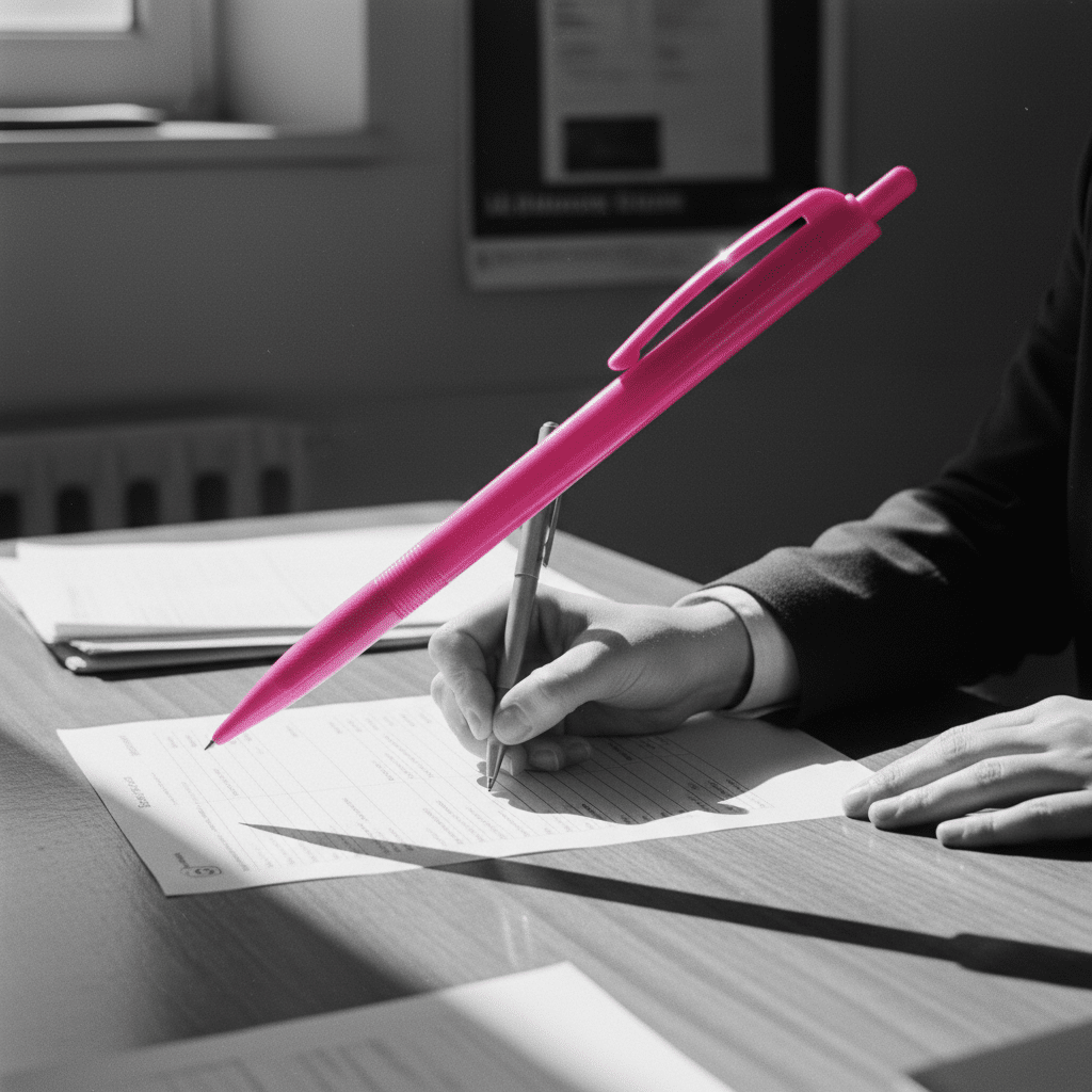 Main signant un document administratif avec un stylo géant rose fluo surréaliste flottant au-dessus d'un bureau, illustrant le bon de caisse